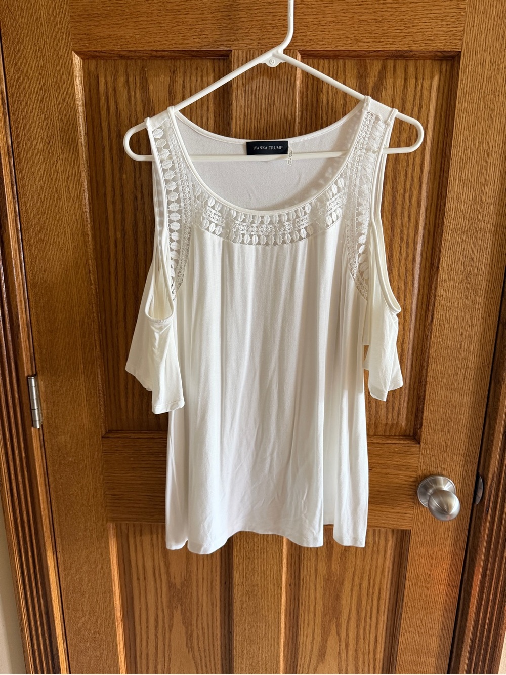 Ivanka Trump Large White Cold-Shoulder Top with Crochet Trim